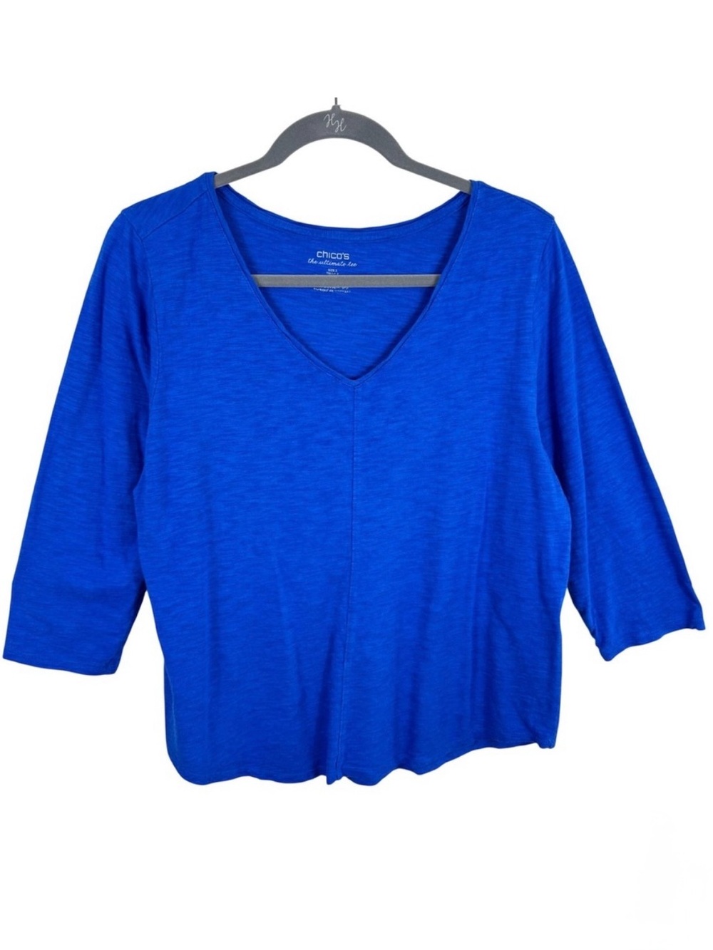 Chico's The Ultimate Tee Women Size 2 Large Blue V-Neck 3/4 Sleeve Slub Knit Top